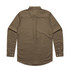 A button-up Oxford shirt in olive green with a back pleat and long sleeves. Features a logo on the collar.