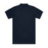 A navy polo shirt with short sleeves and a collar, featuring a logo on the front.