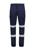 Navy cargo pants featuring cuffed hems and reflective stripes, with a side pocket and a logo on the waistband.