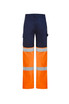 Hi-vis taped work pants in navy and orange with reflective strips and cargo pockets. Features a logo on the back.
