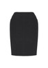 A black bandless pencil skirt with two pockets and a fitted style. It features a simple, sleek design.