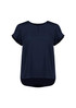 A navy blue women's short sleeve blouse with a round neckline and rolled sleeves, featuring a slightly longer back. A navy blue women's short sleeve blouse with a round neckline and rolled sleeves, featuring a slightly longer back.