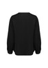 A black long sleeve blouse with a simple design and gathered sleeves. It features a rounded neckline and a logo.