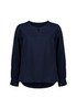 A navy blue long sleeve blouse with a round neckline and gathered sleeves. It features a subtle logo on the side. A navy blue long sleeve blouse with a round neckline and gathered sleeves. It features a subtle logo on the side.