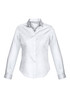 A long sleeve ladies shirt in white with a grey collar, featuring a logo on the chest.