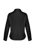 A black long sleeve shirt with a tailored fit and an open collar, featuring a logo on the back.
