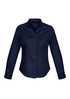 A navy button-up long sleeve shirt for women with a fitted design and a collar. It features a logo.