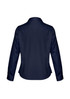 A women's long sleeve shirt in navy blue, featuring a tailored back and button details, with a logo displayed.
