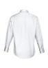 A white long sleeve shirt with a classic collar and buttoned cuffs, featuring a logo on the back.