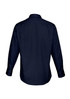 A long-sleeve shirt in navy blue with a collar and button-up cuffs, featuring a logo on the back.