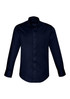 A navy long-sleeve button-up shirt featuring a chest pocket and a classic collar. It has a logo on the front.