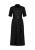 A black midi dress with short sleeves, button-down front, and a belt featuring a gold buckle. It has a logo present.