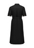 A black midi dress with short sleeves, a belted waist, and a buttoned back. Features a logo.