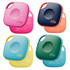A set of four Tile Mate trackers in pink, blue, green, and yellow, featuring rounded corners and a logo.
