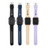 Four smartwatches in black, navy, beige, and lavender with square faces and adjustable straps, featuring a logo.