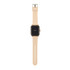 A smart watch with a square display and a beige silicone strap, featuring the word "hello" on the screen.