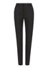 A pair of black trousers with a slim fit and elastic back. The item includes a logo.