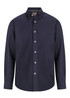A navy button-up shirt with a collar and full sleeves, featuring a logo on the chest.