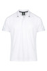 A white polo shirt with a collar and short sleeves featuring a branding logo.