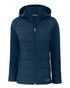 A navy blue soft shell jacket with a hood, featuring quilted front panels and a logo on the sleeve.