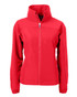 A bright red full zip jacket featuring a high collar and a logo. Suitable for women.