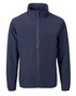 A navy full zip jacket featuring a high collar and long sleeves, with a logo on the front.