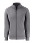A grey eco-friendly full zip jacket with a high collar and a logo on the side.