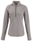A grey half-zip jumper with long sleeves, featuring a quarter-length zipper and a logo on the chest. A grey half-zip jumper with long sleeves, featuring a quarter-length zipper and a logo on the chest.