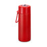 A drink bottle in bright red, featuring a sleek design and a built-in carry handle. It has a logo on the surface.