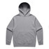 A grey hoodie featuring a front pocket and a drawstring hood. The back is plain and has a logo.