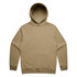 A beige hoodie with a front pocket and a drawstring hood, featuring a logo on the front.