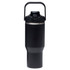 A drink bottle in matte black with a handle and a secure flip-top lid, featuring a stainless steel rim.