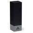 A drink bottle in black and silver with a branded logo at the base, featuring a sleek, modern design.