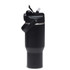 A drink bottle in matte black with a handle, featuring a spout and a secure lid. It has a branding logo.