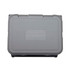 A grey sound box with a sturdy design and a logo, featuring a durable exterior and secure fastening.