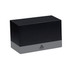A black box with a grey base, featuring a logo on the side.