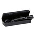 A black torch in a black case, featuring a power button and a clip for easy carrying.