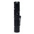 A black torch with a textured body, featuring a clip, button, and head for adjustable focus.