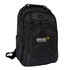 A black backpack with multiple pockets and zippers, featuring a logo on the front.