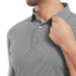 A men's polo shirt in grey with micro feeder stripes, featuring a collar and two buttons. It has a branding logo.