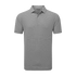 A men's grey polo shirt with a striped pattern and a collar, featuring a logo on the chest.