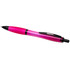 A pink pen with a transparent barrel and black accents. It features a clip and has a logo.