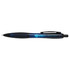 A black pen with a blue band and a logo on the barrel.