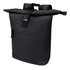 A black recycled roll-top backpack with adjustable straps and a zippered pocket on the back. It also features a logo.
