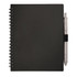 A black recycled PP journal with a spiral binding and a grey pen attached. It features a logo on the cover. A black recycled PP journal with a spiral binding and a grey pen attached. It features a logo on the cover.
