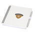 A white spiral-bound journal with a pen attached, featuring a logo on the cover. A white spiral-bound journal with a pen attached, featuring a logo on the cover.