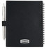 A black recycled PP journal book with a silver pen attached, featuring a spiral binding. A black recycled PP journal book with a silver pen attached, featuring a spiral binding.