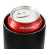 A drink bottle featuring a black vacuum tumbler holding a red can, with a silver top and a logo.