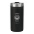 A drink bottle in matte black with a clear lid, featuring a logo and designed for beverage insulation.