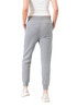 A pair of grey women's track pants with a fitted ankle design and a soft cotton fabric. The pants feature a logo.